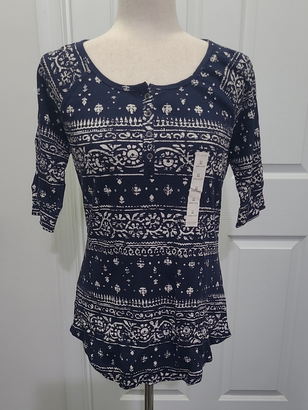 Sonoma Goods For Life Navy Blue Printed Scoop Neck Top